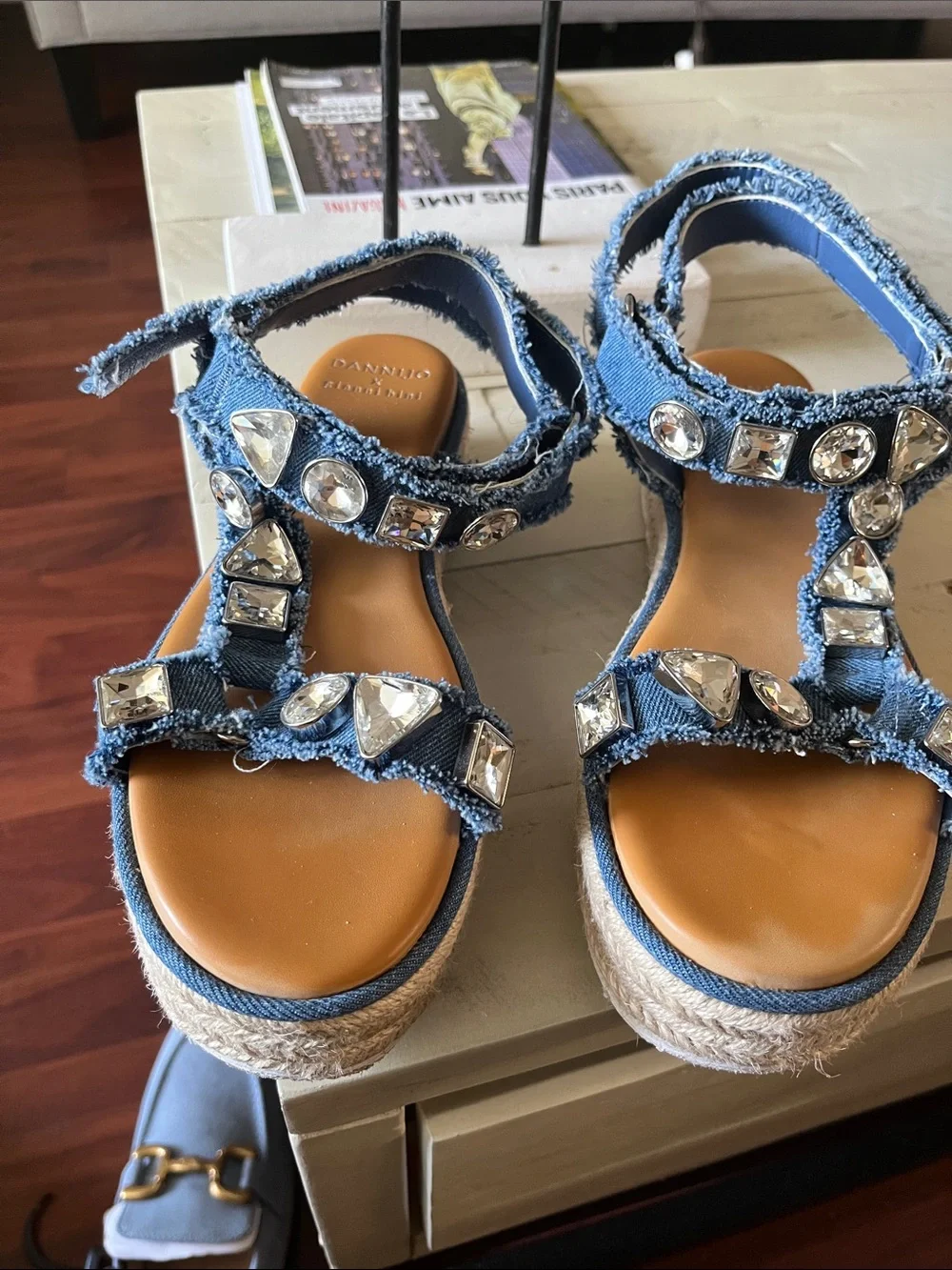 Gianni Bini Denim Blue Jeweled Espadrille Sandals